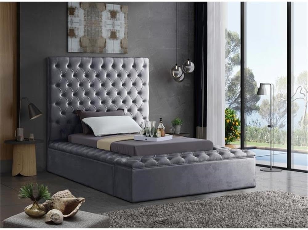 Meridian Furniture Bliss Collection Modern | Contemporary Velvet Upholstered Bed with Deep Button Tufting and Storage Compartments in Rails and Footboard, Gray, Twin