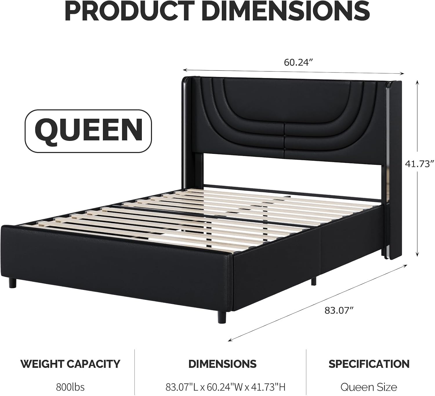 REVOMINCA Queen Bed Frame with LED Lights, Faux Leather Upholstered Platform with Silver Wingback Headboard, Modern Style, No Box Spring Needed, Easy Assembly, Black