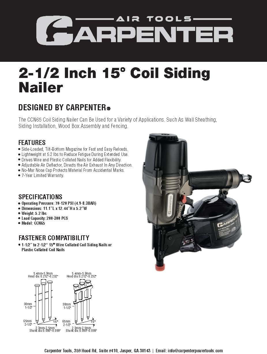 CCN65 15 Degree 1-1/2″ to 2-1/2″ Pneumatic Coil Siding Nailer with Tool-less Depth Adjustment, Drives wire and plastic collated nails.