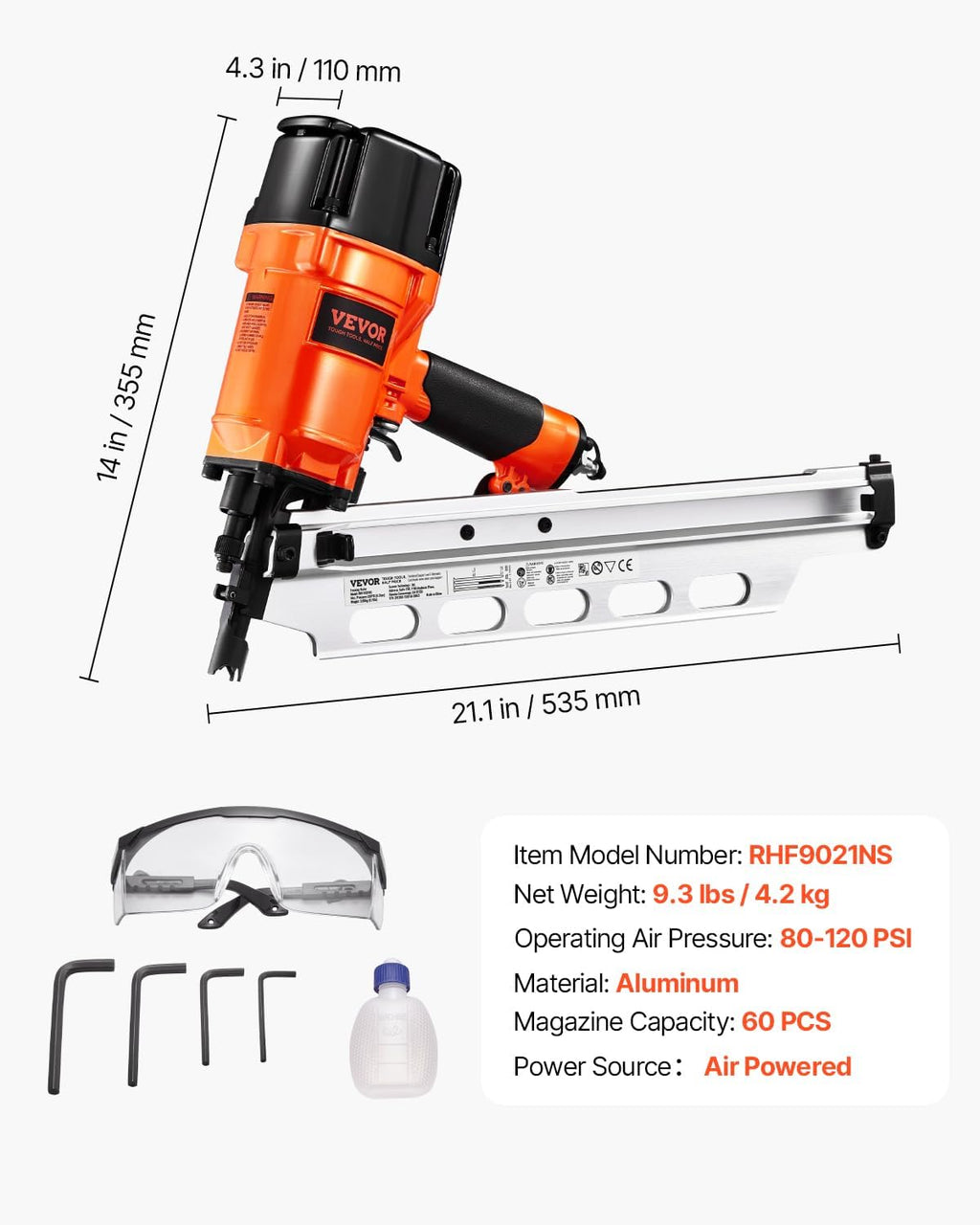 VEVOR Framing Nailer, 2' to 3-1/2' 21 Degree Full Round Head Pneumatic Framing Nailer with Dual Trigger Modes & Tool-Less Depth Adjustment, 80-120PSI Pro Air Nail Gun for Framing Flooring Decking