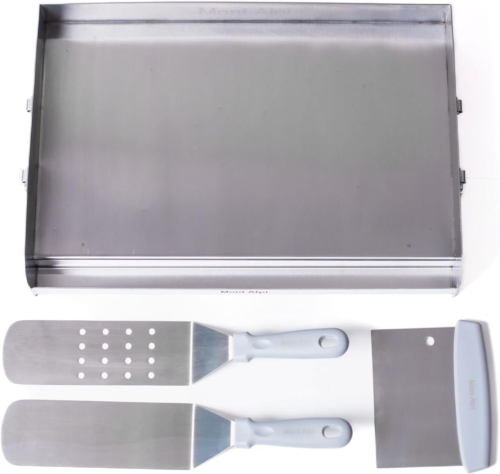Mont Alpi MASHP Stainless Steel Universal Outdoor Barbecue Flat Top Griddle Converter Kit - Frying Pan with Grease Collection Zone, Teppanyaki Style Solid and Slotted Spatulas, Scraper BBQ Tool Set