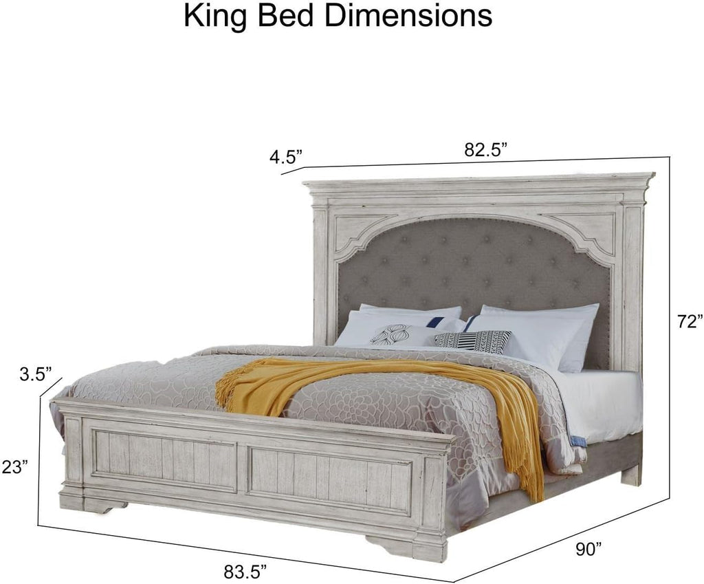 Steve Silver Company Highland Park 83.5' x 90' Farmhouse Wood & Fabric Upholstered Panel King Bed with Button Tufted Headboard, Low Vertical Planked Inset Panel Footboard, in Rustic Ivory Finish