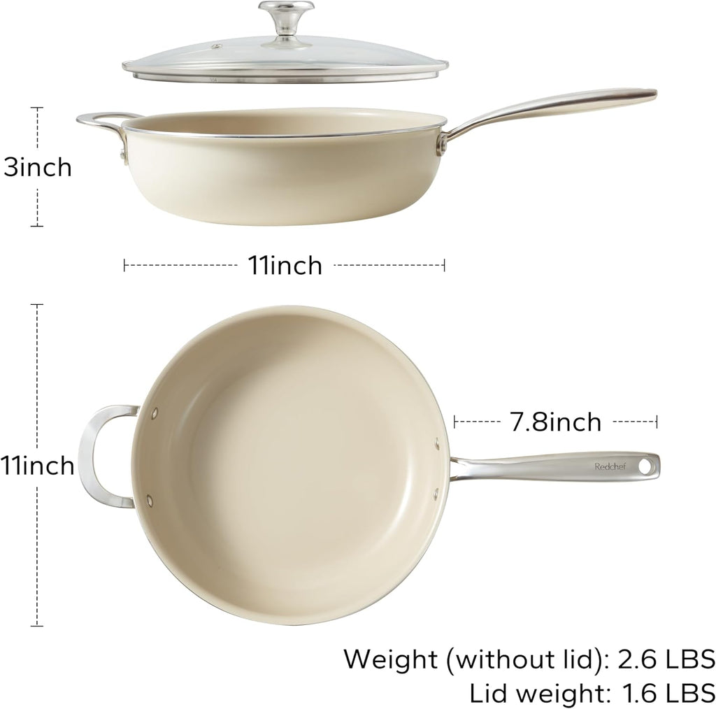 Redchef Ceramic Saute Pan with Lid, Nonstick 3PCS Frying Pan, 5QT Jumbo Cooker with Helper Handle & Lid, Non Toxic Ceramic Cooking Pan, Chef Pan, Dishwasher & Oven Safe, PFAS PFOA & PTFE Free