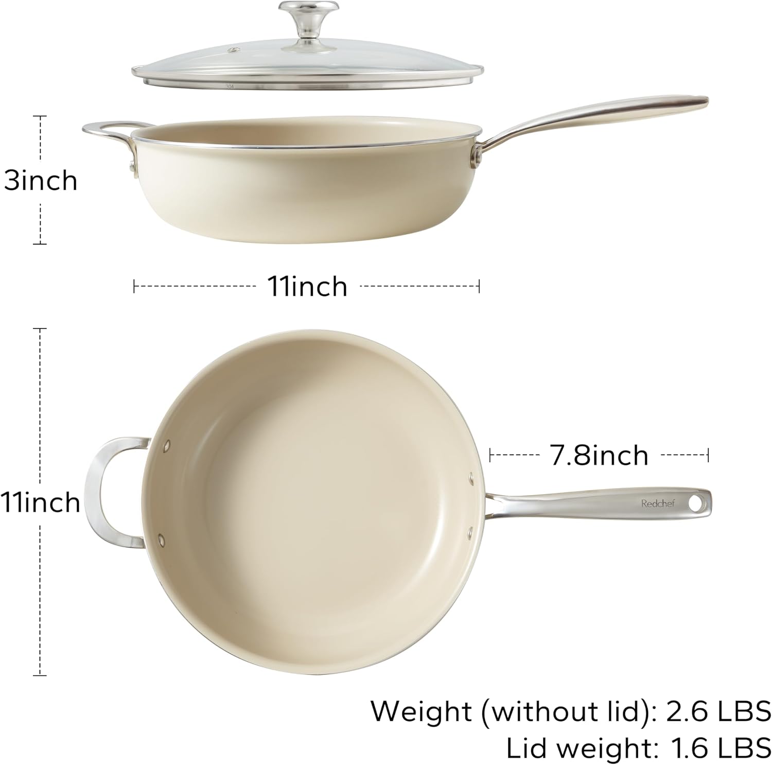Redchef Ceramic Saute Pan with Lid, Nonstick 3PCS Frying Pan, 5QT Jumbo Cooker with Helper Handle & Lid, Non Toxic Ceramic Cooking Pan, Chef Pan, Dishwasher & Oven Safe, PFAS PFOA & PTFE Free
