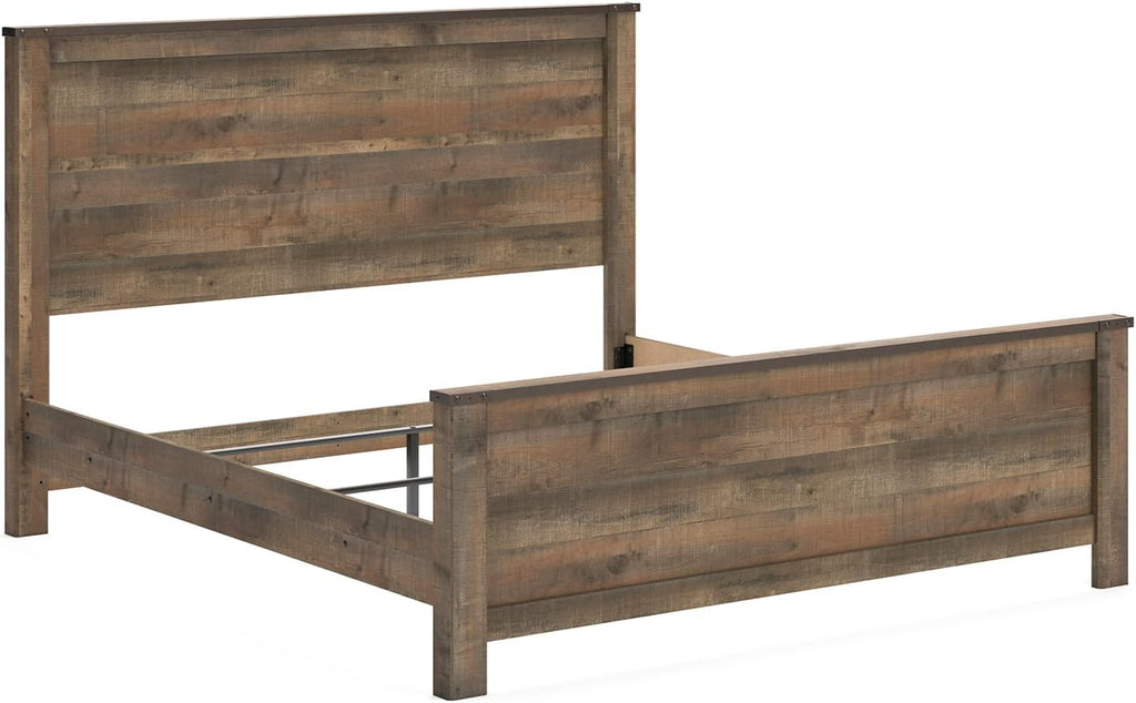 Signature Design by Ashley Trinell Casual King Panel Bed with Metal Slats and Nailheads, Foundation or Box Spring Needed, Dark Brown