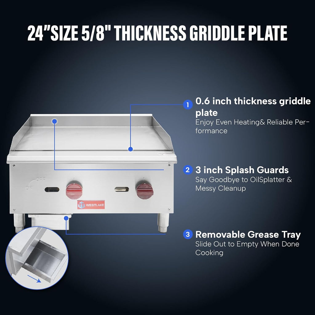 WESTLAKE 24'W Commercial Gas Griddle Countertop Natural Gas and Propane Griddle with 2 Burners 60000 BTU, Stainless Steel Plate Grill for Restaurants