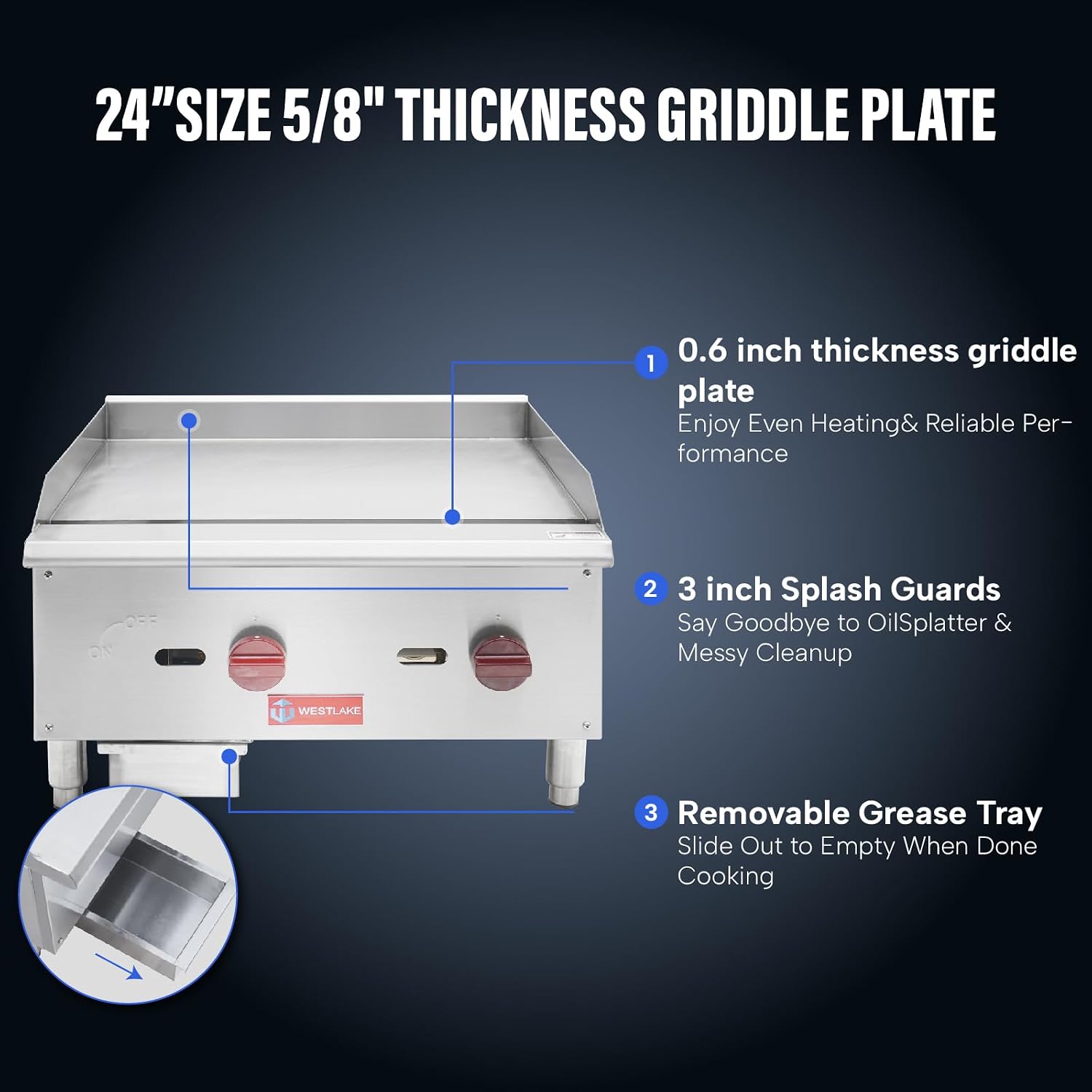 WESTLAKE 24'W Commercial Gas Griddle Countertop Natural Gas and Propane Griddle with 2 Burners 60000 BTU, Stainless Steel Plate Grill for Restaurants