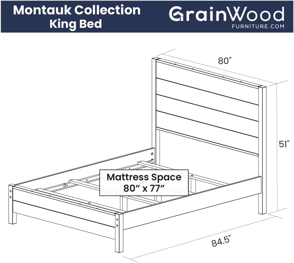 Grain Wood Furniture Montauk Solid Wood Bed, King Size, Rustic Grey