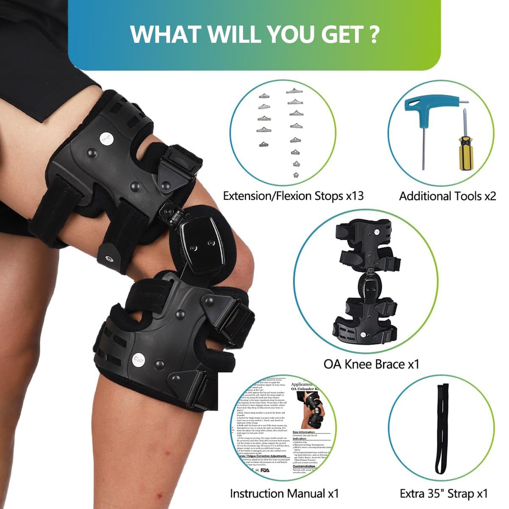 Komzer OA Unloader Knee Brace - Adjustable 3-Point Medial/Lateral Offloading Support for Osteoarthritis Pain, Bone-on-Bone Joint Degeneration & Recovery, ROM Control, Universal Fit for Men & Women, Black, Right