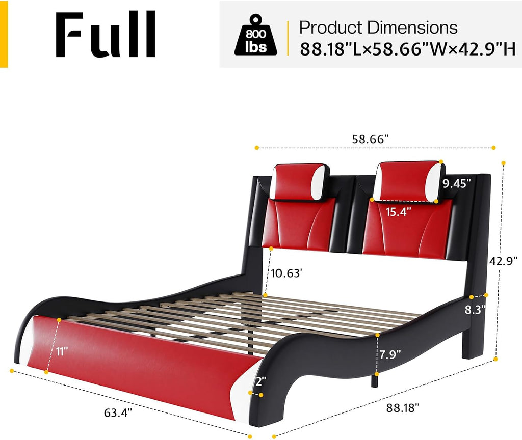 Jocisland LED Full Size Bed Frame, Modern Faux Leather Upholstered Platform Bed Frames with Headrest Headboard, Low Profile Beds with Wave-Like Curve Design, No Box Spring Needed, Easy Assembly, Red