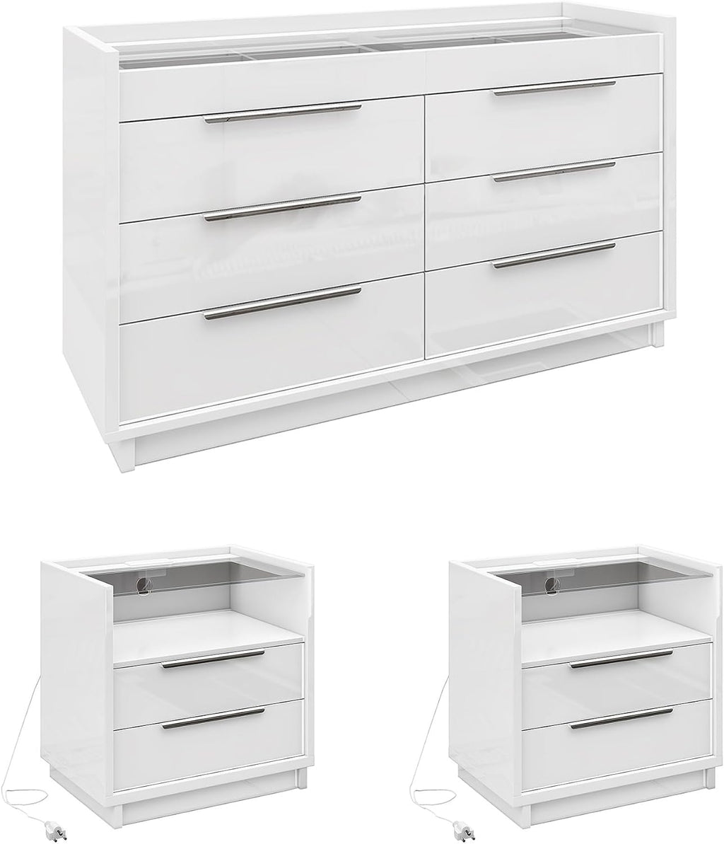 AMERLIFE High Gloss Dresser Set, 3 Piece Bedroom Furniture Set, 8 Drawer Dresser with LED Light & 2 Nightstands with Charging Station, Modern UV Finish, Bedroom Storage Organizer, White