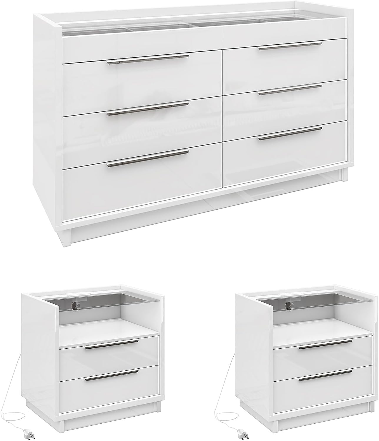 AMERLIFE High Gloss Dresser Set, 3 Piece Bedroom Furniture Set, 8 Drawer Dresser with LED Light & 2 Nightstands with Charging Station, Modern UV Finish, Bedroom Storage Organizer, White