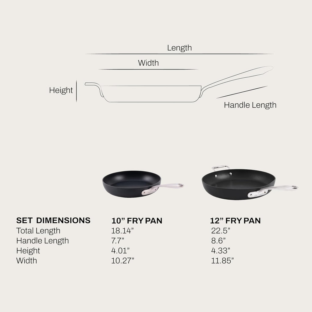 All-Clad HA1 Expert Hard Anodized Nonstick Frying Pan Set, 2-Piece 10' & 12' Skillet Set, Dishwasher-Safe, Oven-Safe Up to 500°F Compatible with All Stovetops (Gas, Electric & Induction) - Black