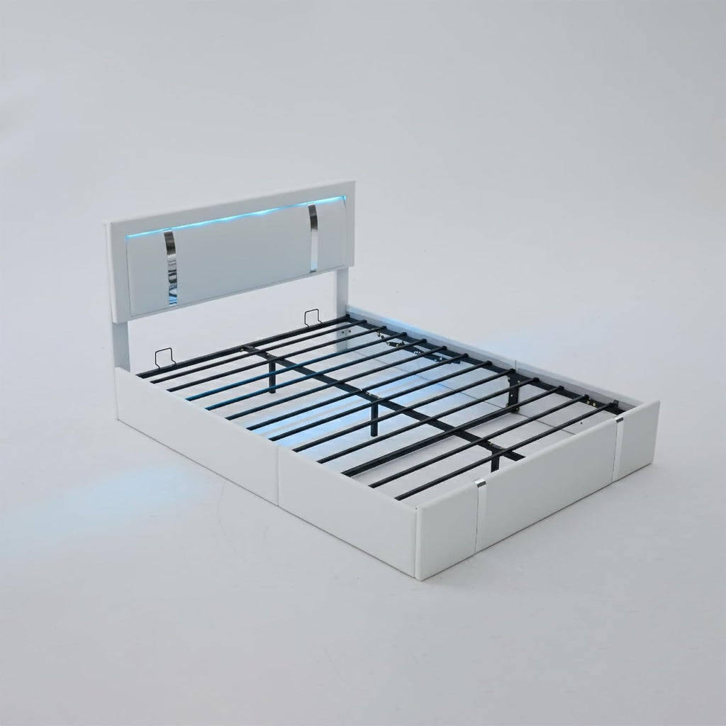 JIJIWANG Full Size Lift Up Storage Platform Bed with USB Charging Ports and Adjustable LED Lights Headboard, Faux Leather Upholstered Platform Bed, Metal Slats Support, White