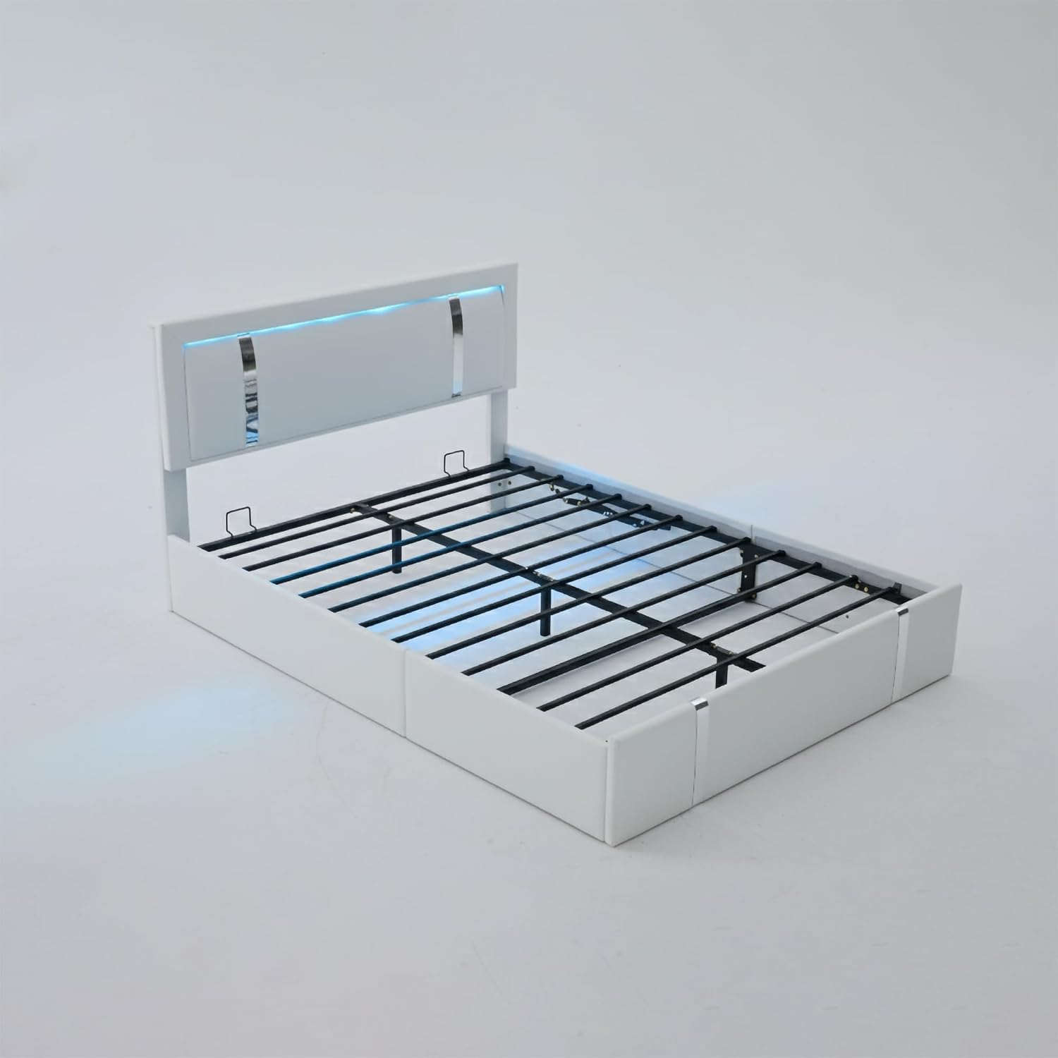 JIJIWANG Full Size Lift Up Storage Platform Bed with USB Charging Ports and Adjustable LED Lights Headboard, Faux Leather Upholstered Platform Bed, Metal Slats Support, White