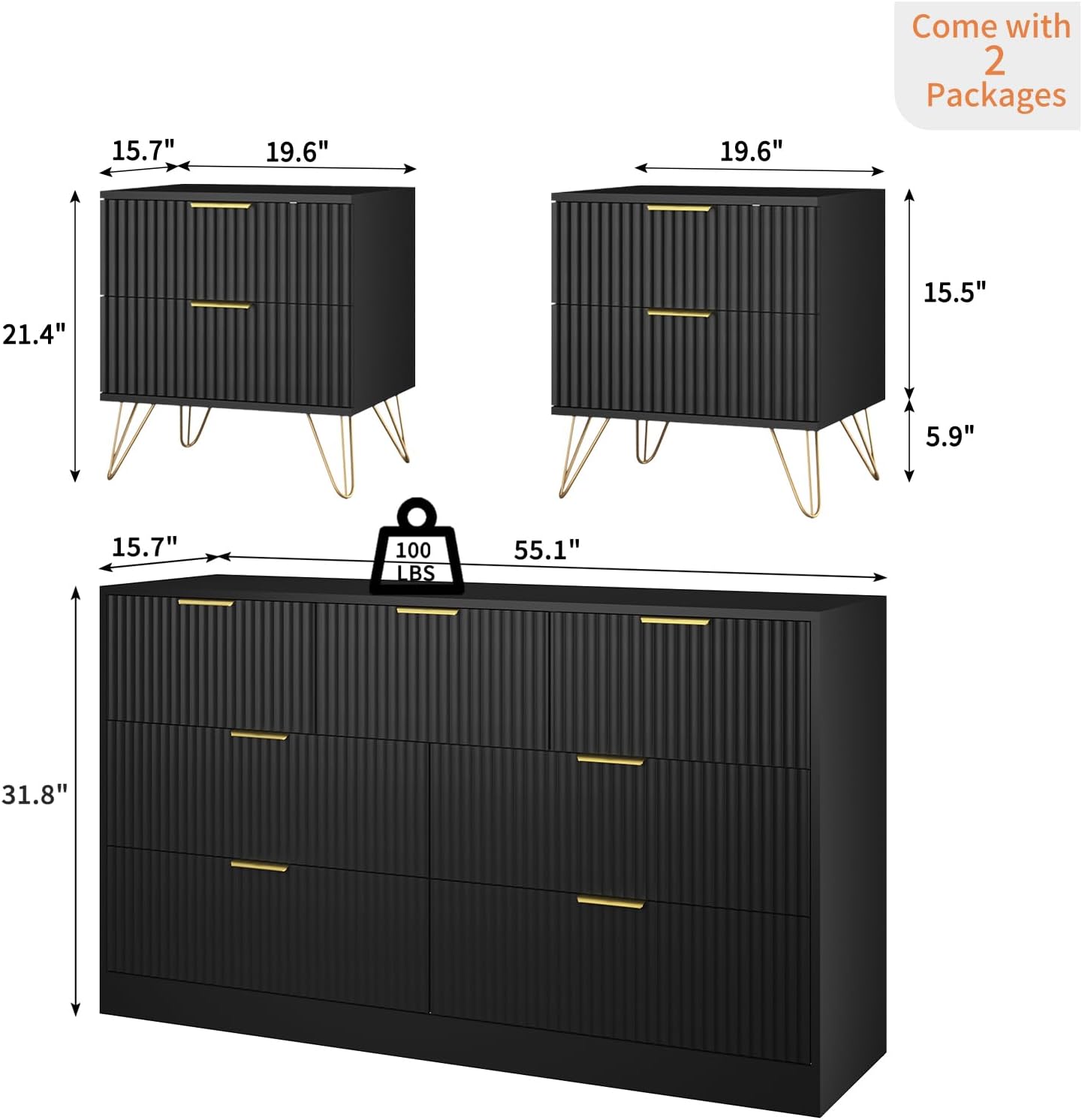 7 Drawer Dresser and Nightstand Sets, 3 Pcs Bedroom Set for Bedroom, Fluted Night Stand Set of 2 & 55' Wide Dresser w/Gold Handles, Modern Wood Chest of Drawers Storage Cabinet Set, Black