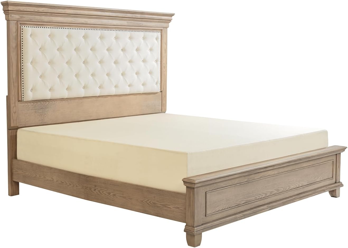 AMERLIFE 68 in Tall King Size Bed Frame with Upholstered Headboard, Solid Wood Farmhouse Platform Bed, Bohemian Tufted Wooden Panel Design, No Box Spring Needed, Light Oak
