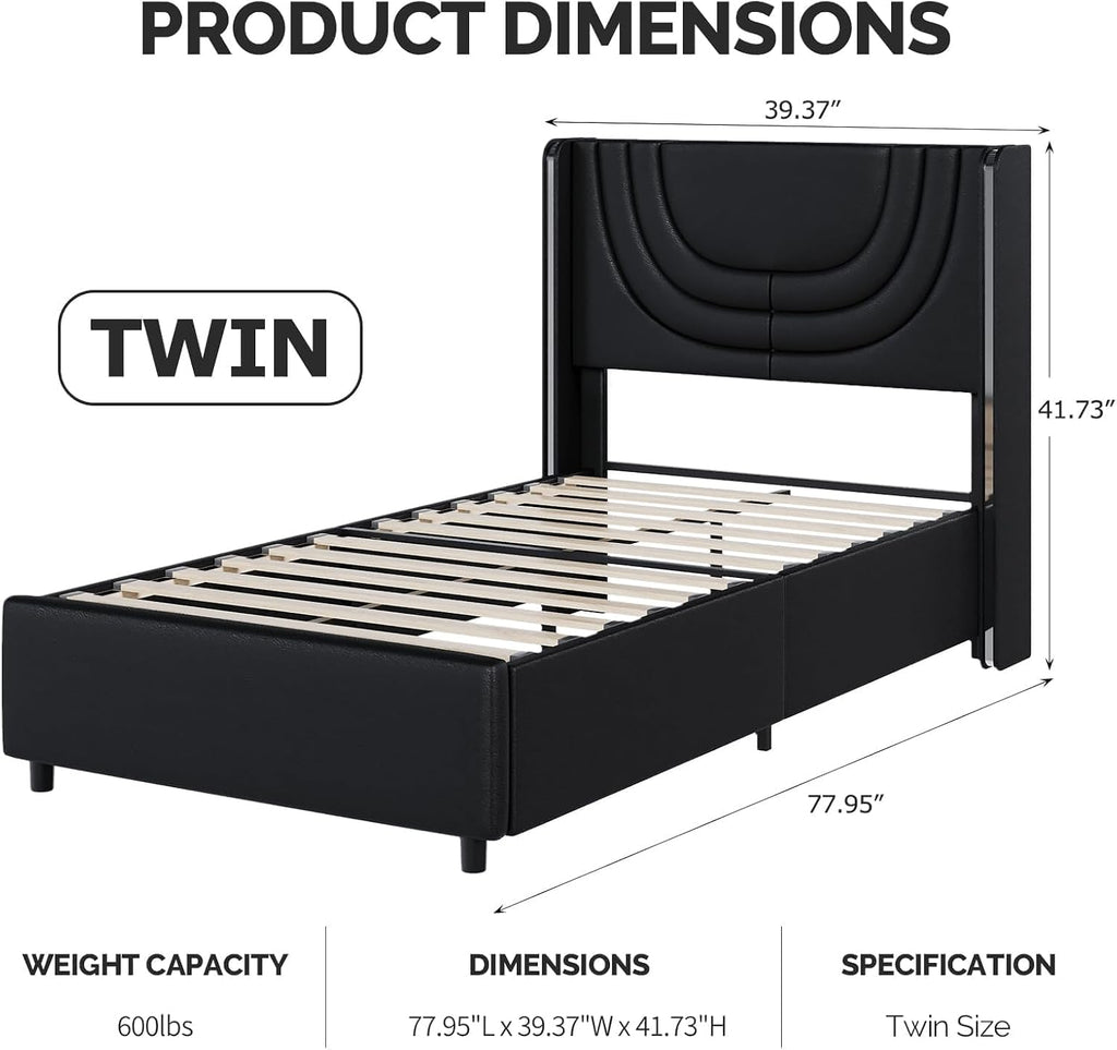 REVOMINCA Twin Bed Frame with LED Lights, Faux Leather Upholstered Platform with Silver Wingback Headboard, Modern Style, No Box Spring Needed, Easy Assembly, Black