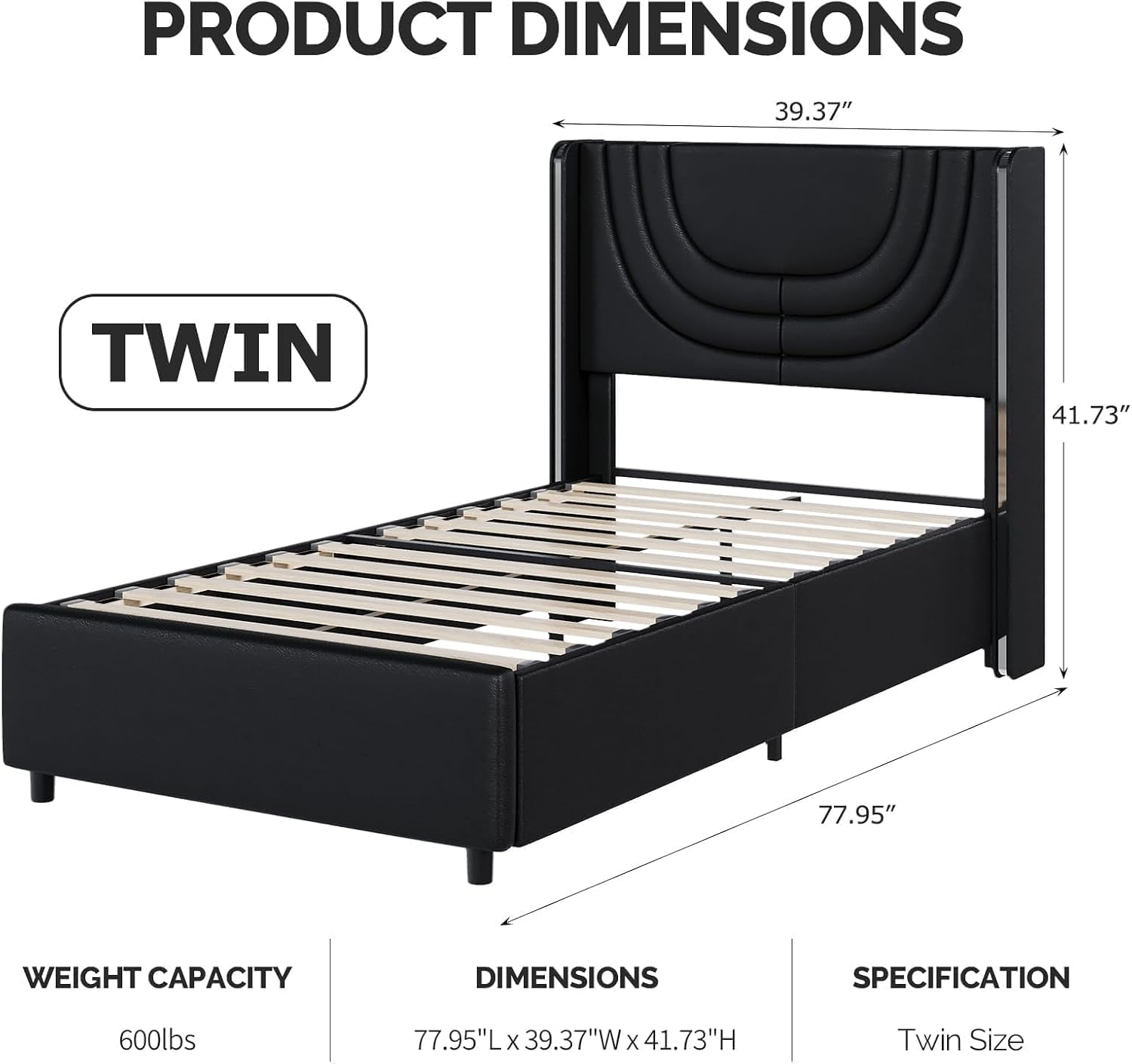 REVOMINCA Twin Bed Frame with LED Lights, Faux Leather Upholstered Platform with Silver Wingback Headboard, Modern Style, No Box Spring Needed, Easy Assembly, Black