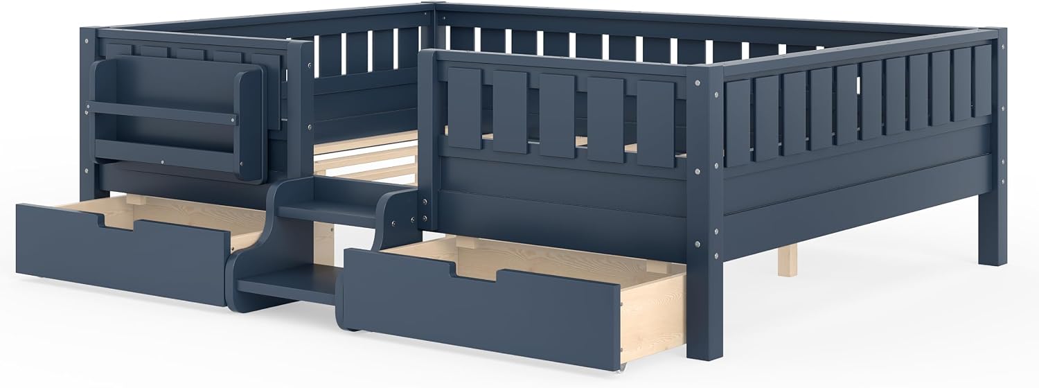 Bellemave Queen Size Bed with Slats and Stairs, Queen Size Platform Bed Frame with Fence, Bookshelf and Storage Drawers, Easy Assemble Beds for Girls, Boys, Blue