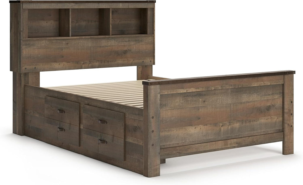 Signature Design by Ashley Trinell Casual Full Bookcase Platform Bed with 2 Storage Drawers and Nailheads, Foundation or Box Spring Not Needed, Dark Brown