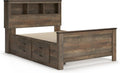 Signature Design by Ashley Trinell Casual Full Bookcase Platform Bed with 2 Storage Drawers and Nailheads, Foundation or Box Spring Not Needed, Dark Brown