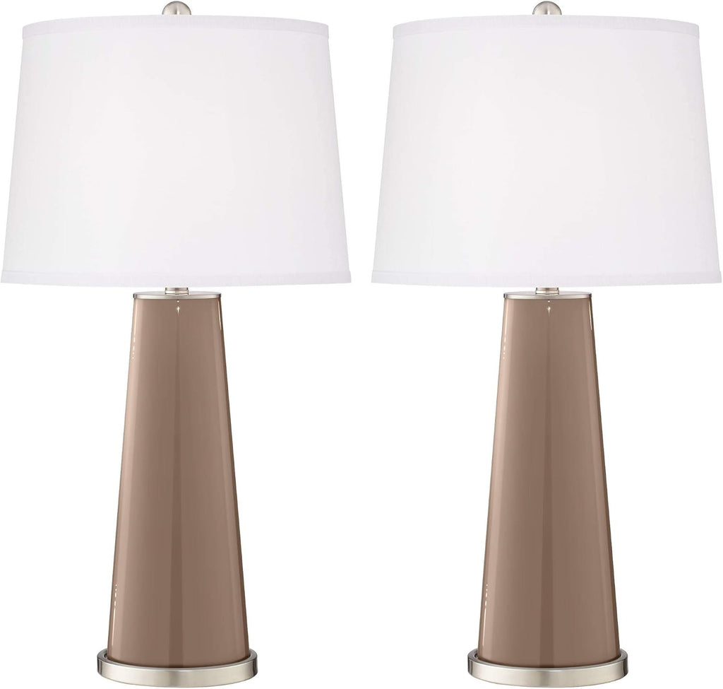 Color + Plus Leo 29 1/2' Tall Cylinder Modern End Table Lamps Set of 2 Mocha Brown Brushed Nickel Finish Glass Fabric White Shade Living Room Bedroom Bedside Nightstand House Office Home Reading