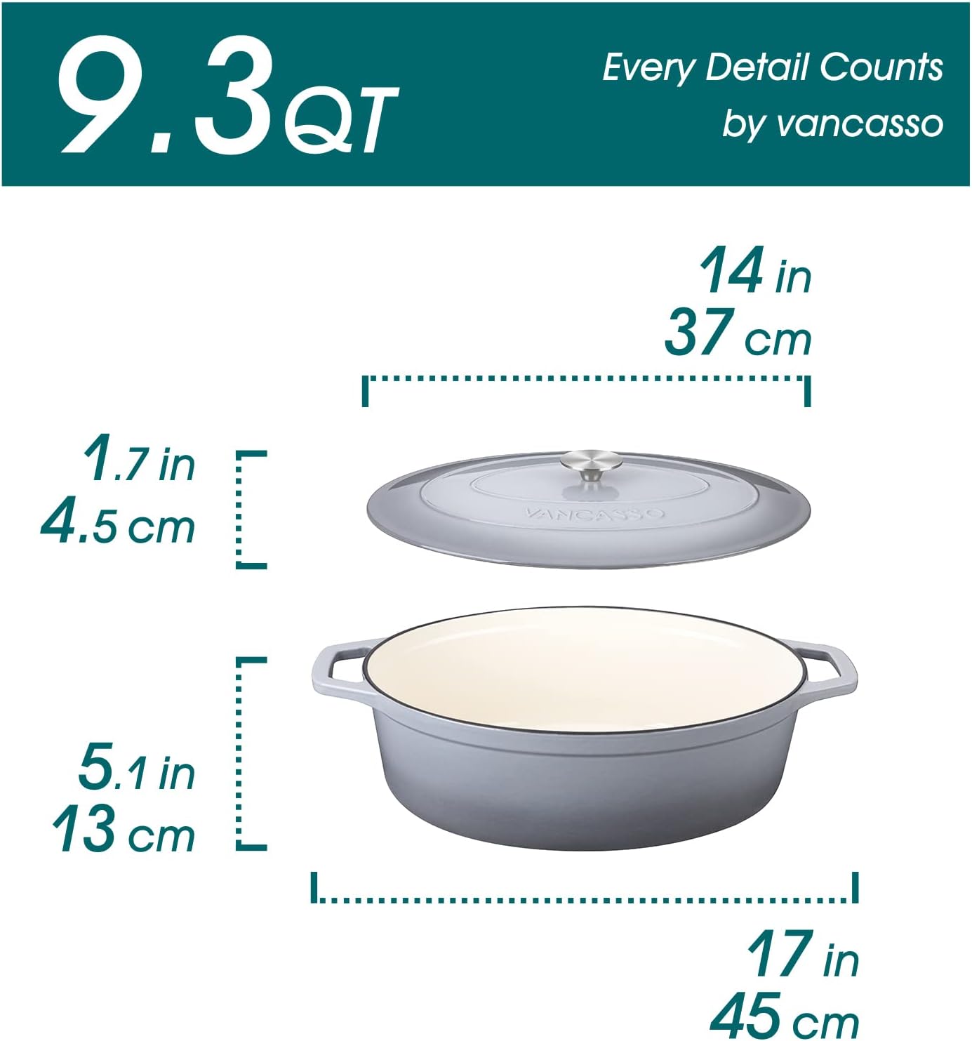 vancasso Enameled Cast Iron Dutch Oven, 9.3 Quart Dutch Oven Pot with Lid, Oval Dutch Oven Cast Iron Pot with Non Stick Enamel Coating for Bread Baking