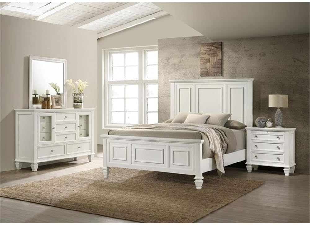 Pemberly Row 4-Piece Coastal Bedroom Set, Eastern King Bed, Cream White Finish, Solid Hardwood & Engineered Wood Construction, Dresser, Mirror, Nightstand, Classic Carved Detailing, Ample Storage