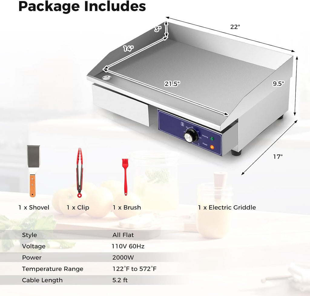 Giantex Commercial Electric Griddle 22' - 110V 2000W Countertop Griddle with Cast Iron Griddle Plate & Stainless Steel Frame, Restaurant Teppanyaki Flat Top Grill, Adjustable Temp Control 122℉-572℉