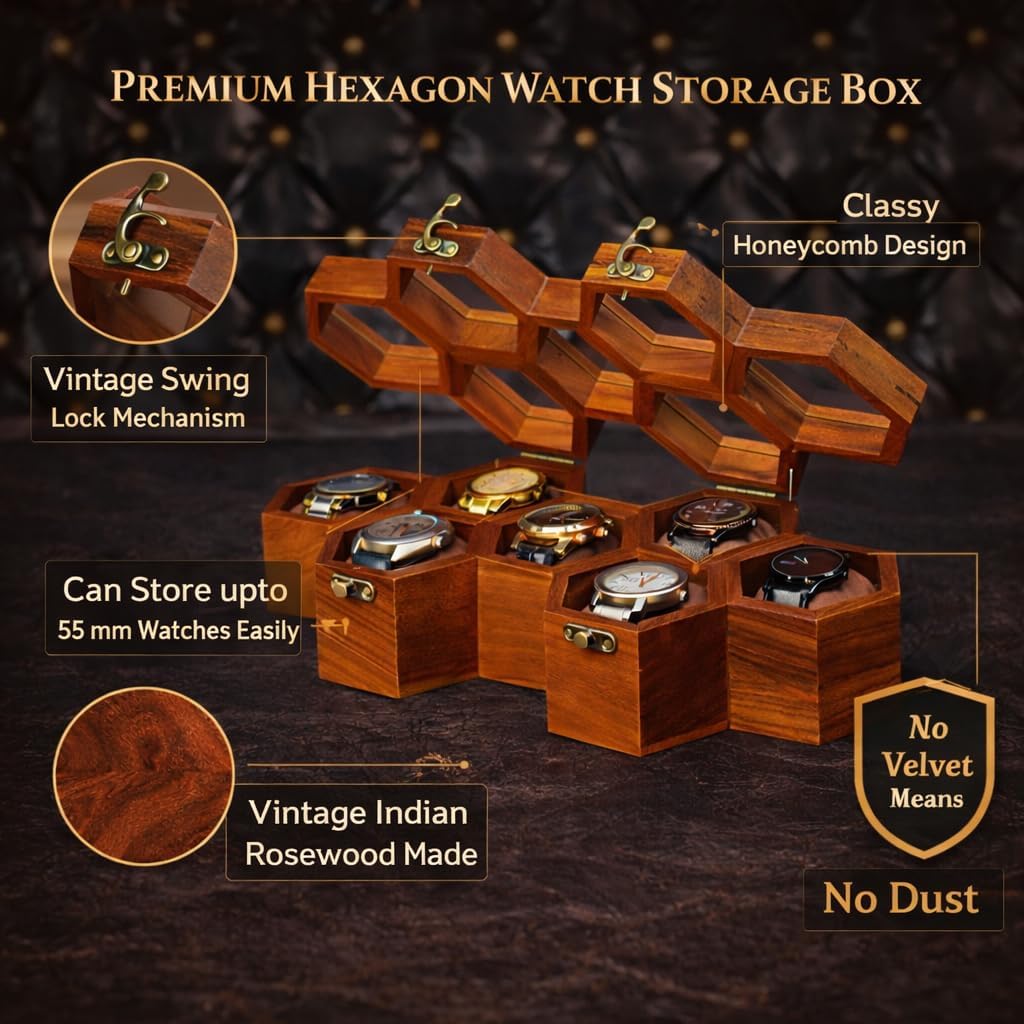 Royal Craft Expertise Handcrafted 7 Slot Wooden Watch Box for Men – Vintage Honeycomb Display Case in Indian Rosewood | Includes Velvet Pillows – Luxury Gift for Him – Built to Last