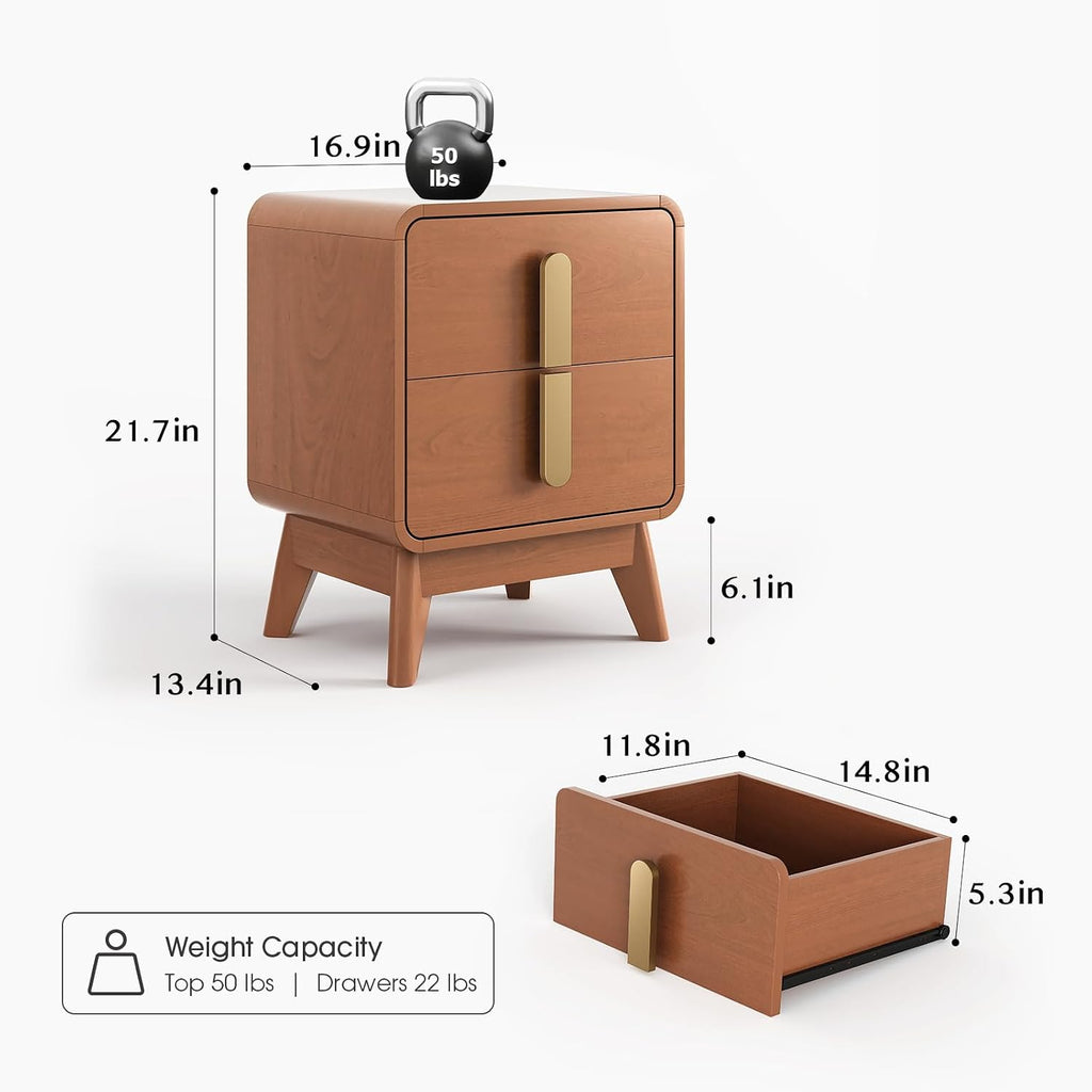 Mid Century Modern Nightstand Set of 2, Wood Bedside Table with 2 Drawers and Metal Handles, Curved Design, Night Stand Set 2 for Bedroom, Cherry