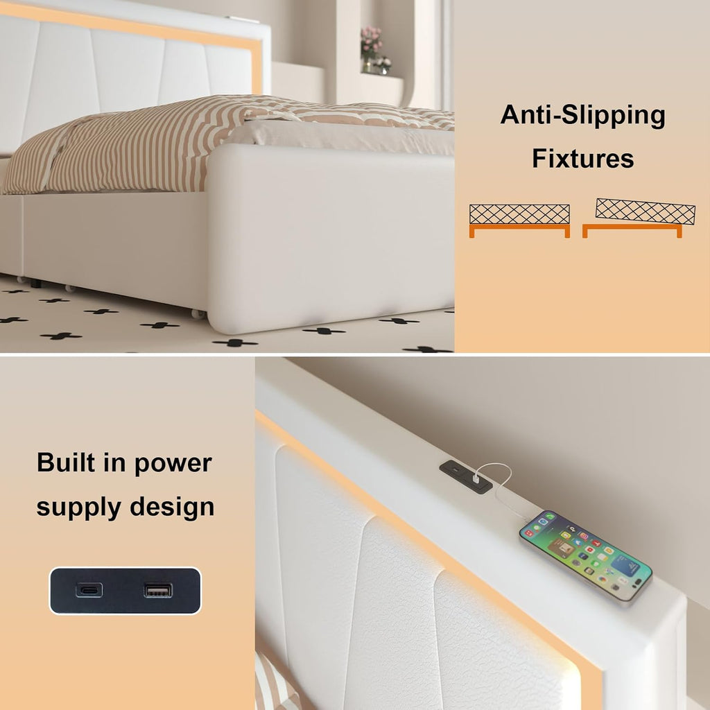 Benevika Queen Size Bed Frame with 4 Storage Drawers and LED Headboard, Upholstered Platform with Type-C&USB Ports, Faux Leather, Easy Assembly, Beige
