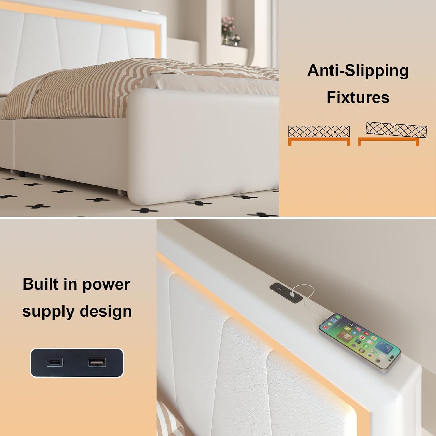 Benevika Queen Size Bed Frame with 4 Storage Drawers and LED Headboard, Upholstered Platform with Type-C&USB Ports, Faux Leather, Easy Assembly, Beige