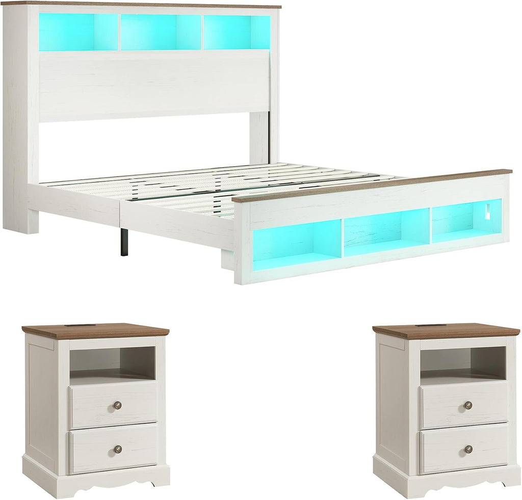 AMERLIFE Farmhouse Bedroom Furniture Set, Includes 2 Nightstands with Charging Station and 1 King Size Bed Frame with Bookcase Headboard, LED Light, Storage & USB-C Charging, Antique White