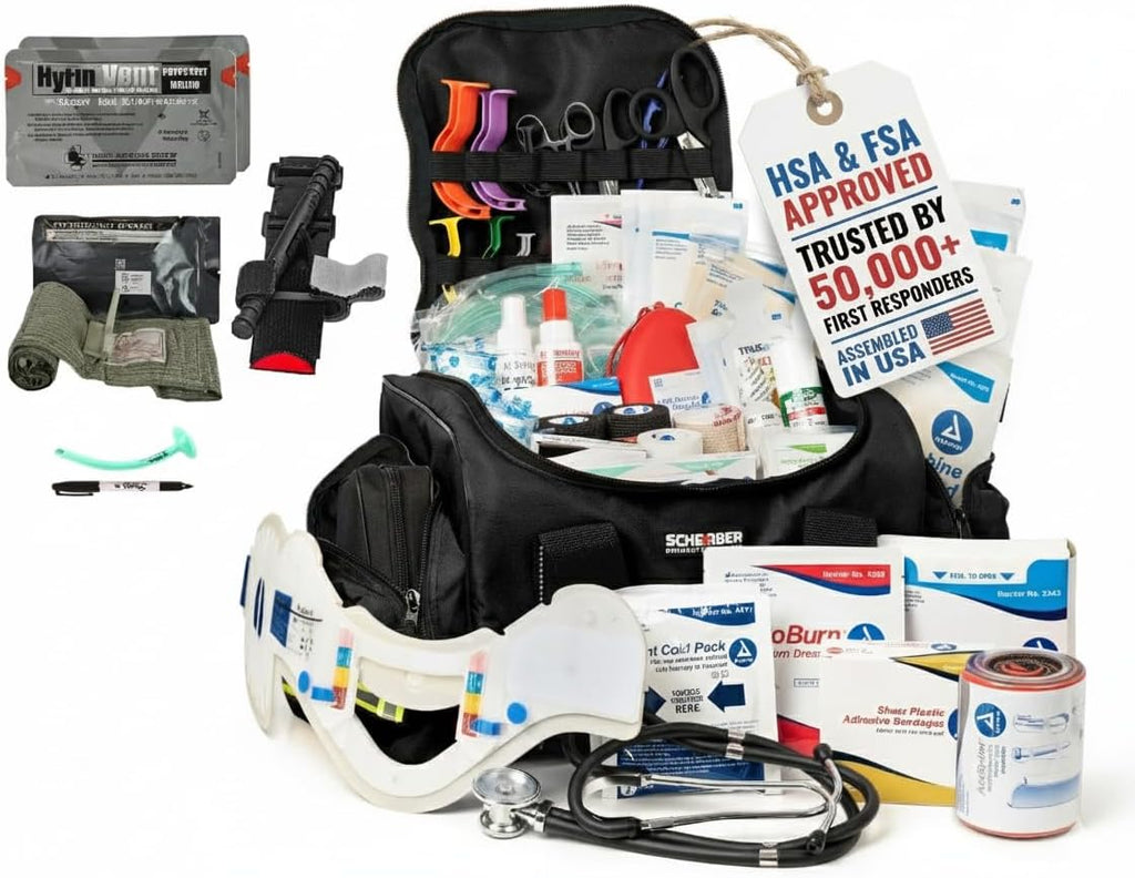 Scherber Fully-Stocked First Responder Bag | Professional EMT/EMS Trauma & Bleeding Medical Kit | HSA/FSA Approved | CAT Tourniquet, HyFin Chest Seal, Israeli Bandage & 250+ First Aid Supplies (Black)