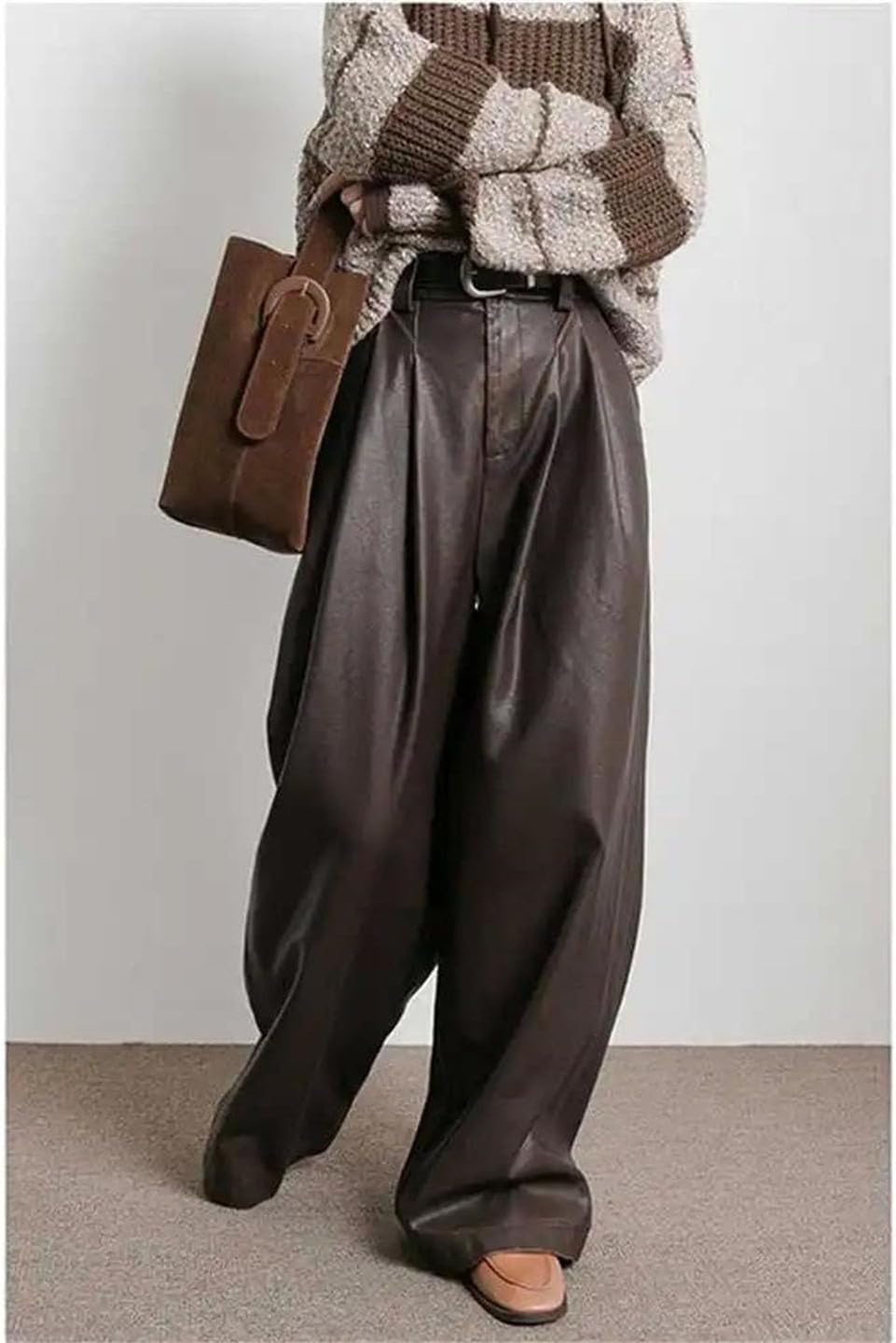 Women's American Leather Pants Autumn and Winter Retro Design Pleated Wide Leg Pants