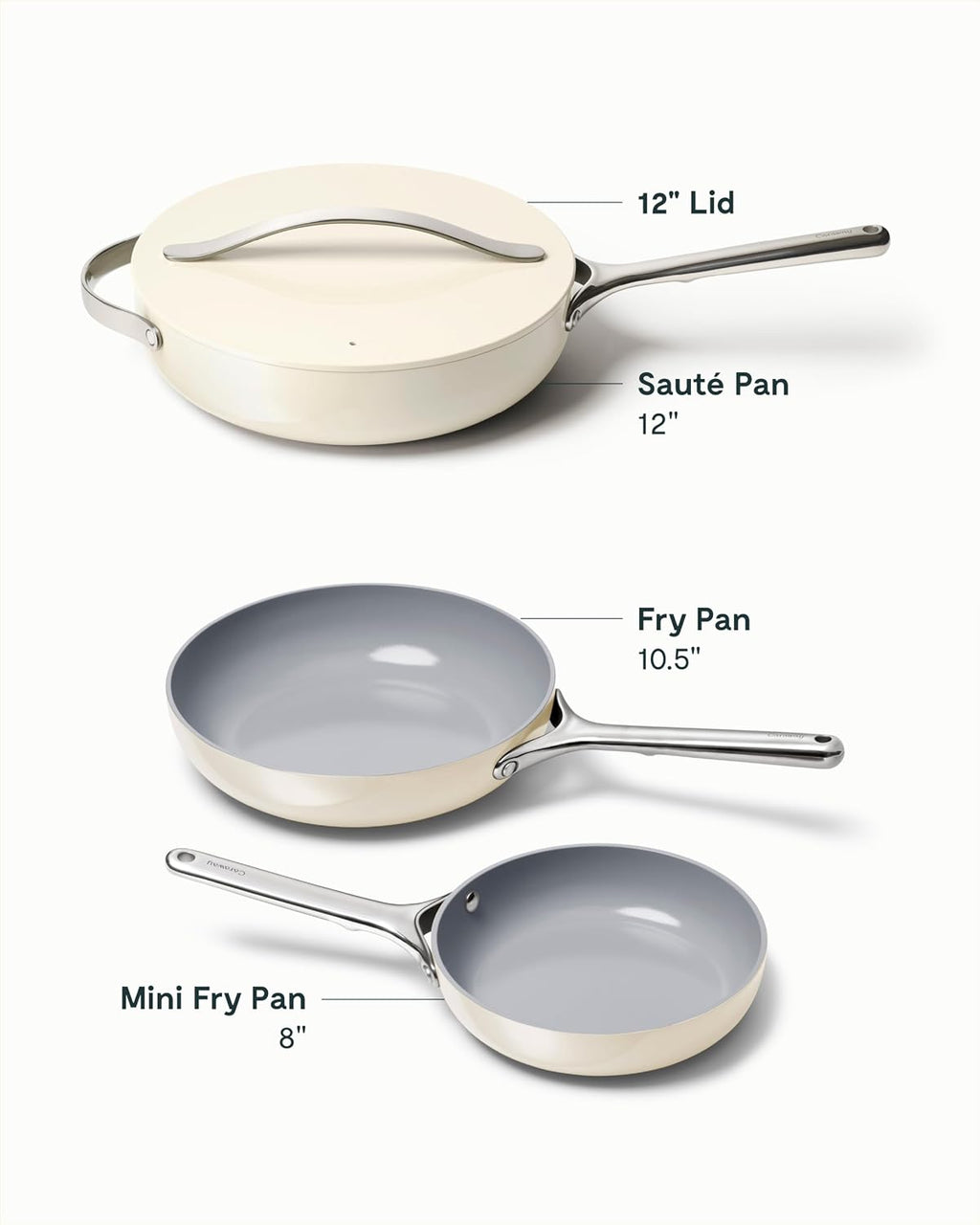 Caraway 4-Piece Fry Pan Set - Non-Stick Frying Pans (10.5' & 8') & Non-Stick Sauté Pan - Non Toxic, PTFE & PFOA Free - Oven Safe & Compatible with All Stovetops (Gas, Electric & Induction) - Cream