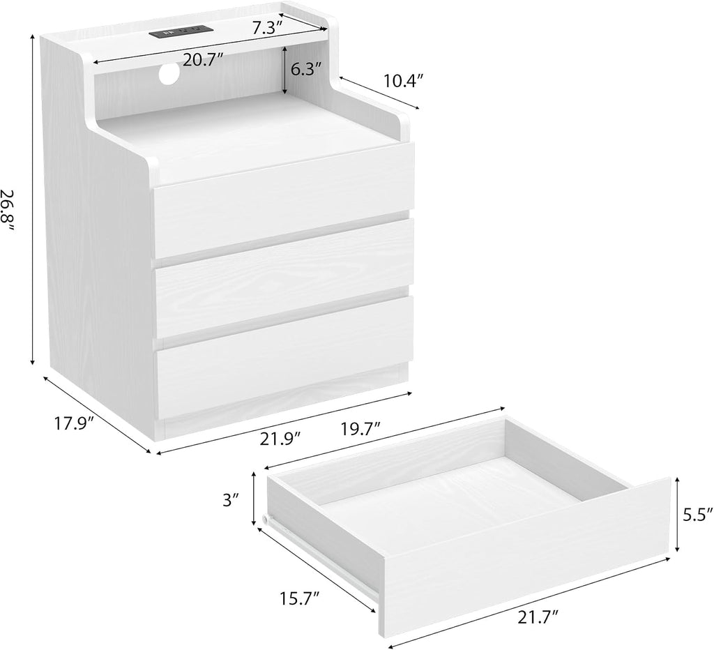 Rresyet Night Stand Set of 2, White Nightstand with Drawers 26.8' Modern End Table with Charging Station for Bedroom, Storage Upgrade & No-Handle Design