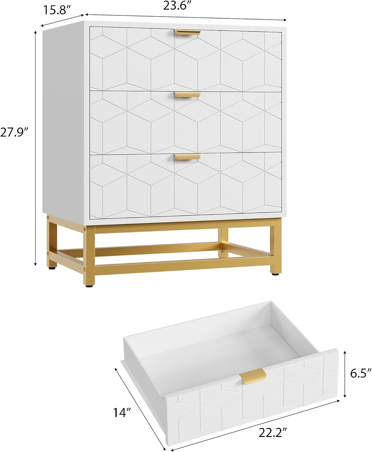GAOMON 3 Drawer Dresser, Wood Chest Drawers with Storage for Closet, Bedroom, Drawers Dresser Modern Bedside Nightstand with Gold Handles, White