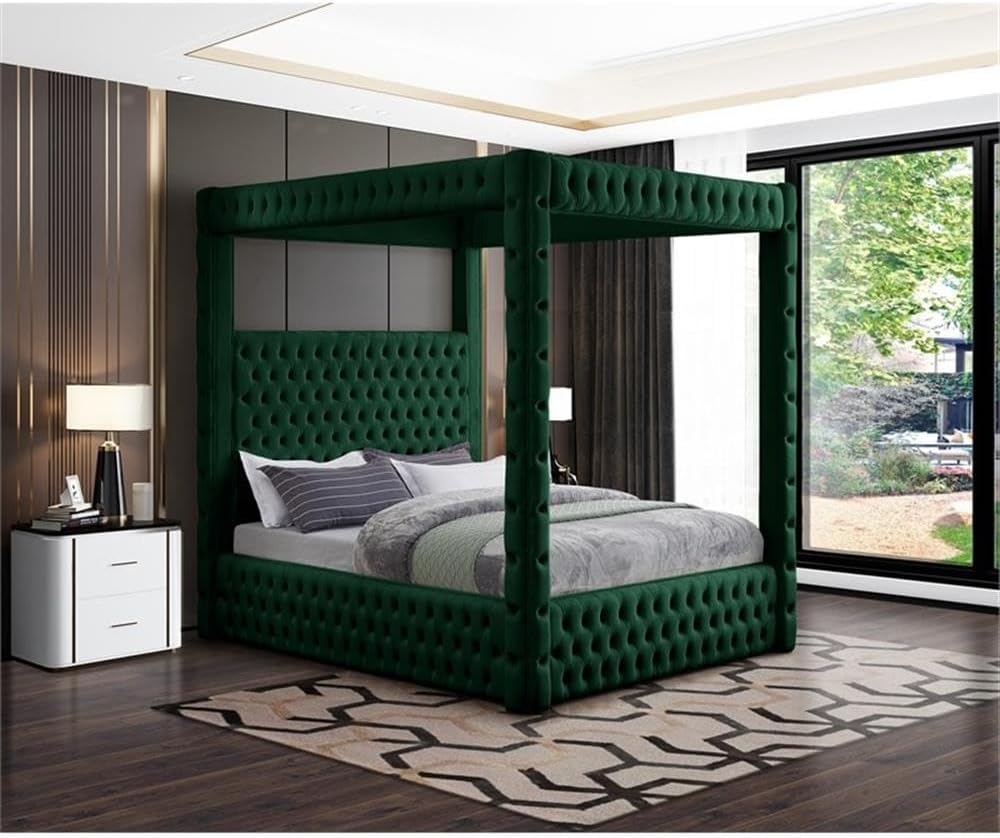 Meridian Furniture RoyalGreen-Q Royal Collection Modern | Contemporary Velvet Upholstered Queen Bed with Soft Green Velvet, Deep Elegant Tufting, Canopy, 70.5' W x 89' D x 87' H, Green, Queen