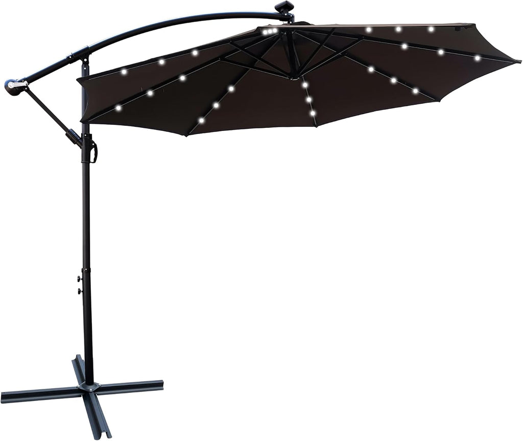 10FT Solar Powered Patio Umbrella, Market Table Umbrella with 24 LED Lights & 8 Sturdy Ribs, Cantilever Patio Umbrella with base, Offset Umbrella for Garden Lawn Deck Backyard Pool