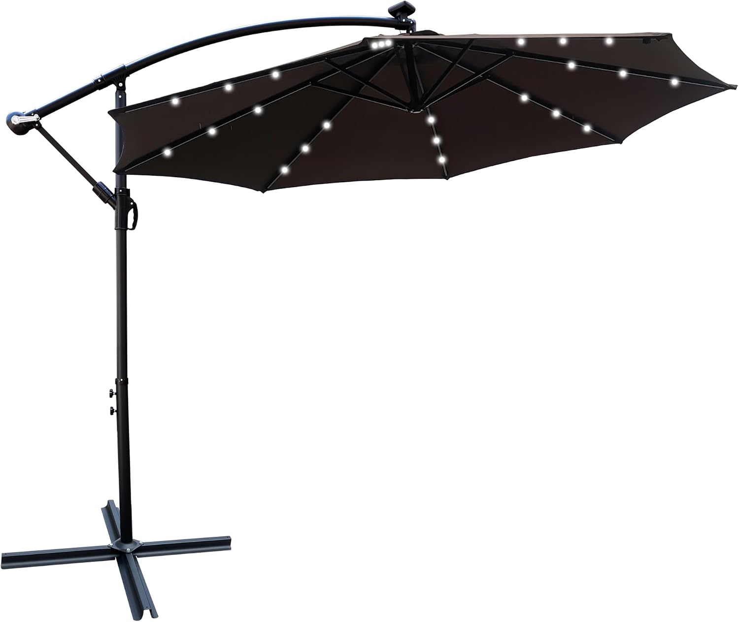 10FT Solar Powered Patio Umbrella, Market Table Umbrella with 24 LED Lights & 8 Sturdy Ribs, Cantilever Patio Umbrella with base, Offset Umbrella for Garden Lawn Deck Backyard Pool