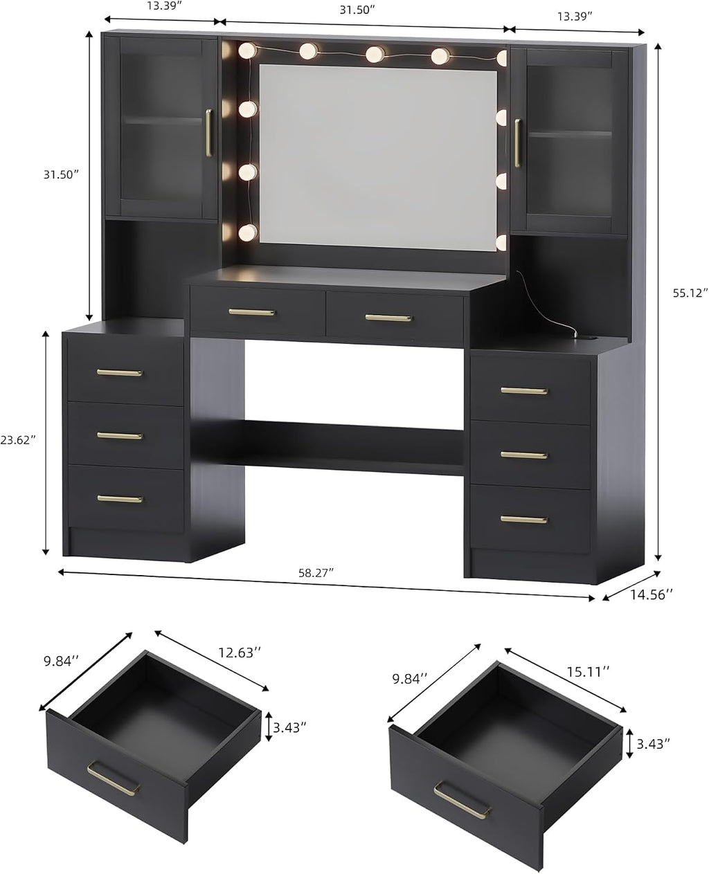 TOKSOM Black Vanity Desk with Mirror, Lights & Charging Station, 58.3' 3 Lighting Modes Makeup Desk with 8 Drawers, 2 Cabinets and Lots Storage, Dressing Table Vanity Set with Lighted Mirror