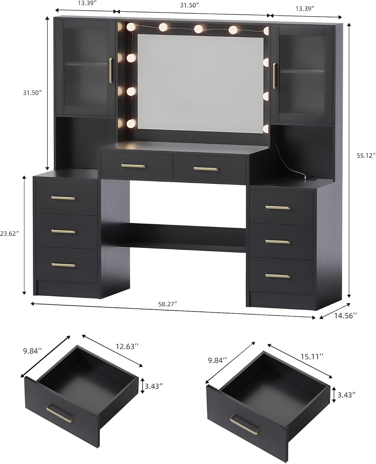 TOKSOM Black Vanity Desk with Mirror, Lights & Charging Station, 58.3' 3 Lighting Modes Makeup Desk with 8 Drawers, 2 Cabinets and Lots Storage, Dressing Table Vanity Set with Lighted Mirror