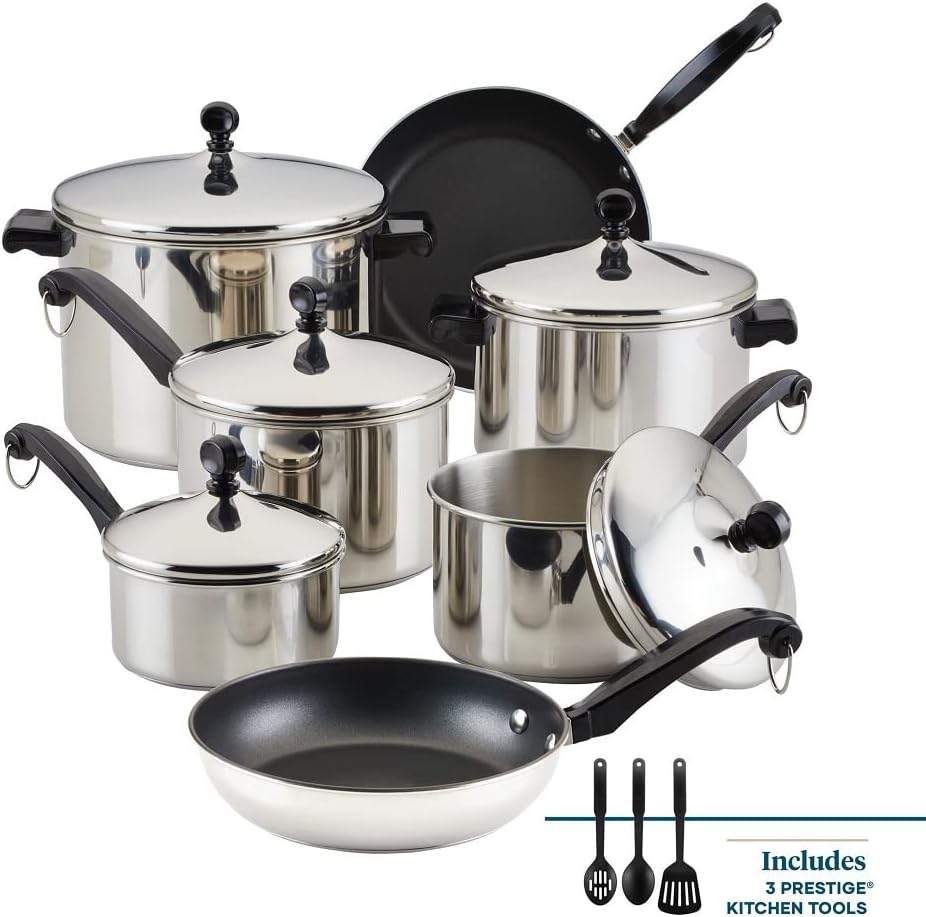 Farberware Classic Series Nonstick Stainless Steel Cookware Set, Pots and Pans Set, 15-Piece