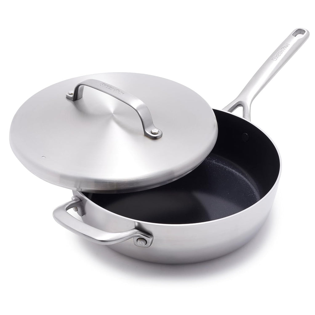 GP5 5-Ply Stainless Steel 4QT Sauté Pan with Lid, Ceramic Nonstick PFAS-Free, Helper Handle, Induction Suitable, Dishwasher and Oven Safe