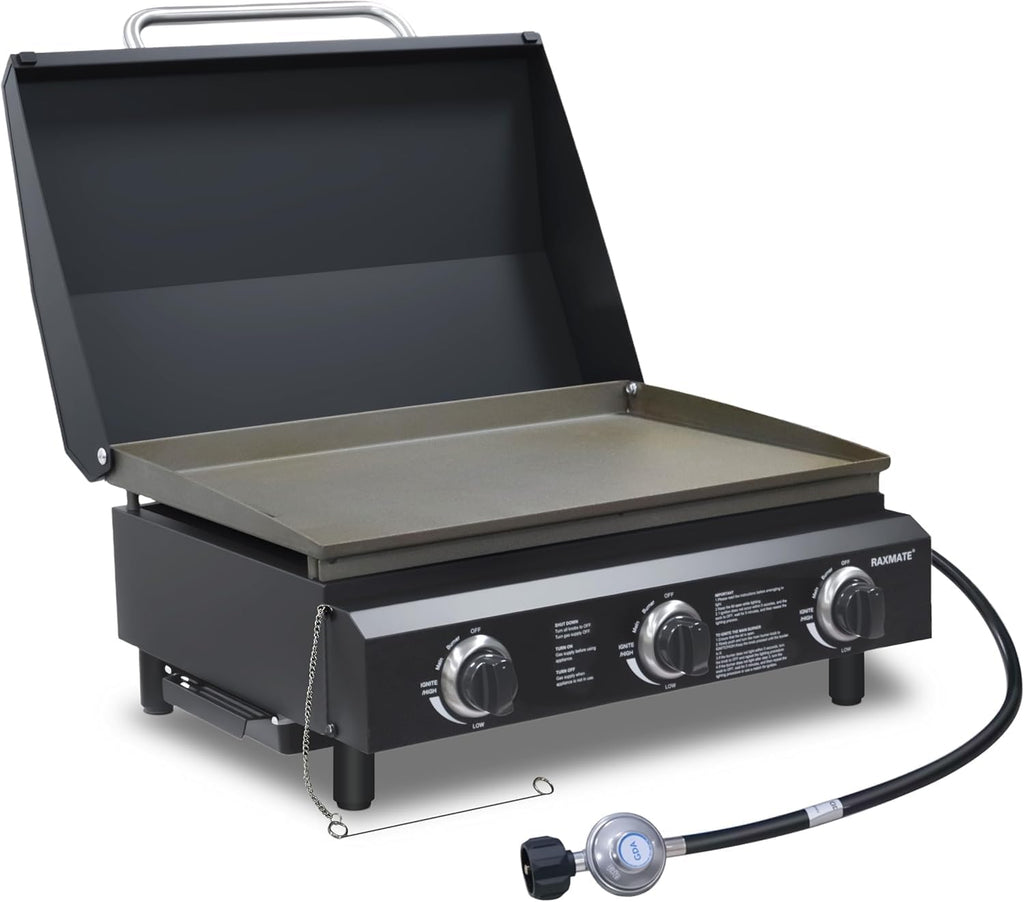 Flat Top Gas Griddle with Lid, 22 Inch 3 Burners Outdoor Portable Propane Gas Grill, 30,000 BTU Tabletop BBQ Griddle for Camping, RV, Tailgating