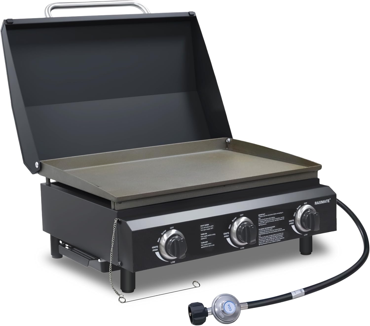 Flat Top Gas Griddle with Lid, 22 Inch 3 Burners Outdoor Portable Propane Gas Grill, 30,000 BTU Tabletop BBQ Griddle for Camping, RV, Tailgating