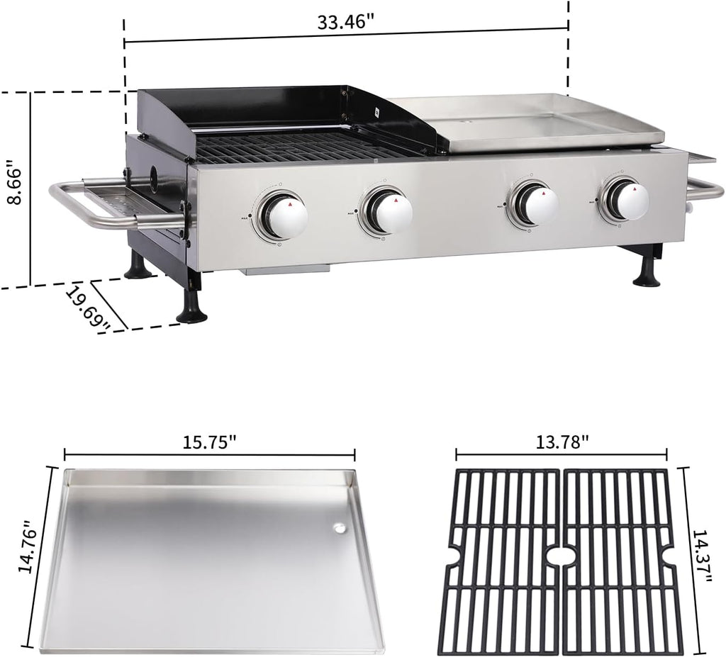 4 Burner Portable Gas Grill Griddle Combo, Flat Top Propane Grill with Leg, Tabletop BBQ Grill 40,000 BTUs Output for Backyard Camping Tailgating or Outdoor Cooking